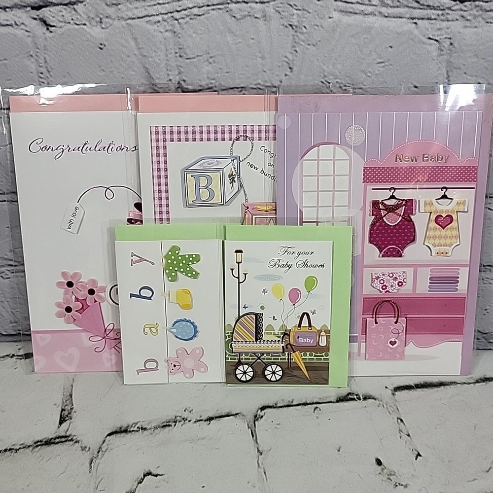 New Greeting Cards Lot Of 5 Baby Arrival Shower Congratulations 3D Pink Green